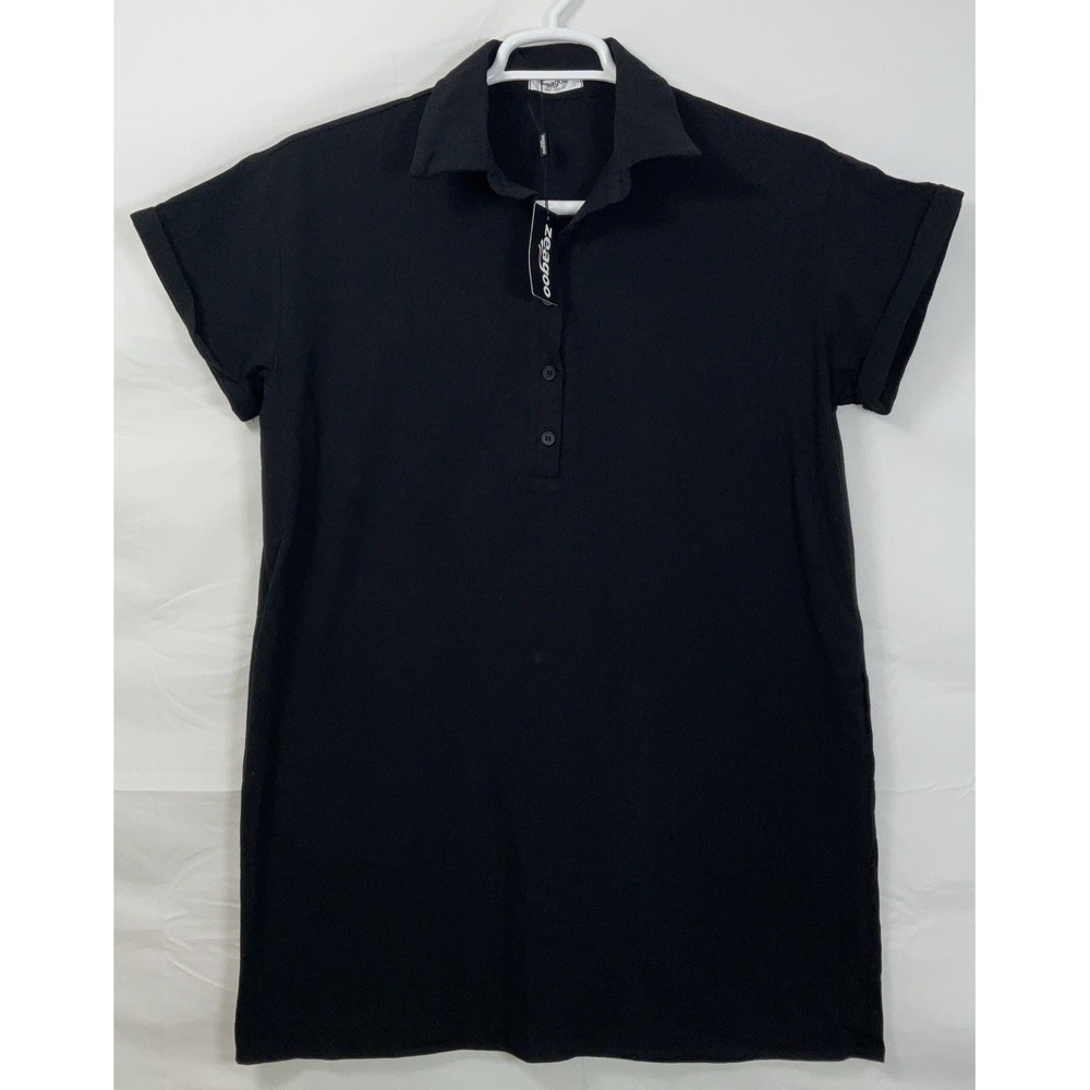 NWT Women's Zeagoo Short Sleeve‎ Cotton Shirt Dress - Black - Large